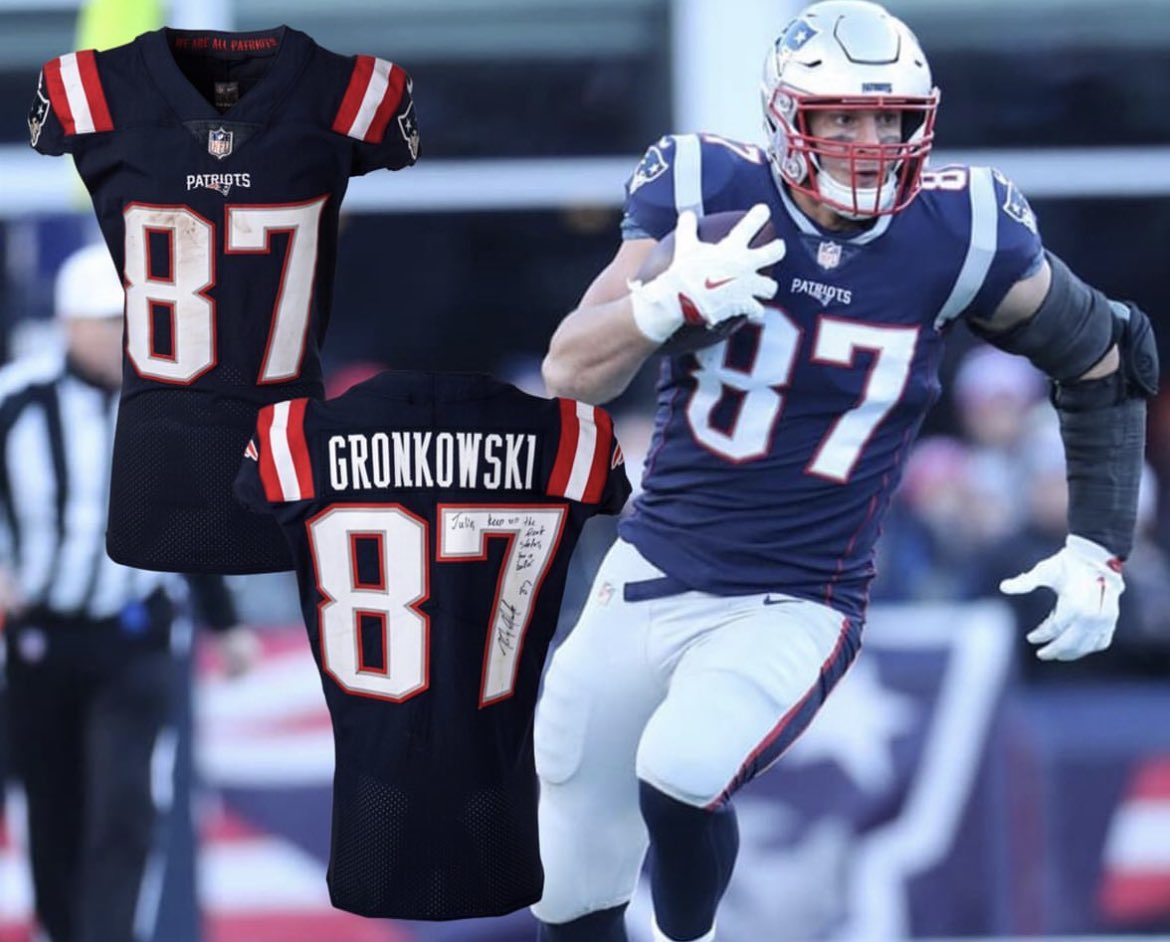 After the Pats 23-7 win over ATL on 10/22/17 Rob Gronkowski gifted this battered jersey to all-world WR Julio Jones signing with a 