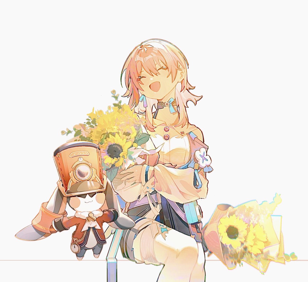 1girl flower sunflower closed eyes thighhighs solo smile  illustration images