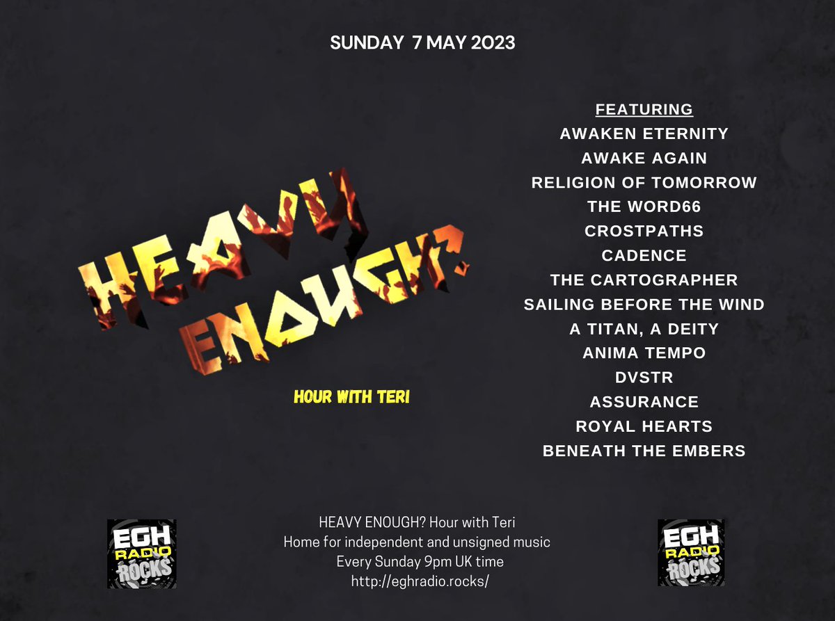 Today 9pmBST <a href="/EGHRocks/">KingWan</a> #HeavyEnough Hour 
#ListenHere #worldwide eghradio.rocks/player_stream/

Listen to the new bangers from-
<a href="/SBTW_official/">Sailing Before The Wind</a> <a href="/atitanadeity/">A Titan, A Deity</a> <a href="/animatempo/">Anima Tempo</a> #DVSTR #Assurance <a href="/RoyalHeartsFL/">Royal Hearts</a> <a href="/BeneathEmbers/">Beneath The Embers</a> +more 
Find more info: facebook.com/HeavyEnoughHou… 
#NewMusicAlert