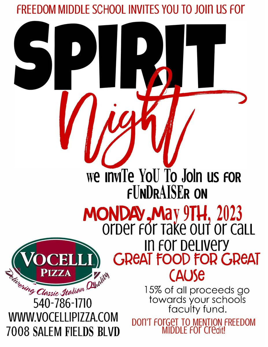 Freedom_MS_SCPS's tweet image. FMS spirit night at Vocelli Pizza will be on May 9th. Order for takeout or delivery; 15% of all proceeds goes to FMS. Don&apos;t forget to mention Freedom Middle when you place your order!