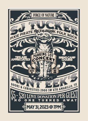The incredible SJ Tucker is coming back for another Parking Lot Concert™ behind Aunt Eek's at the end of this month! Come out with your camp chair for some Pixie Pirate MythPunk Folk Rock in the parking lot! Details on the image below! #shoplocal #amarillo #livemusic