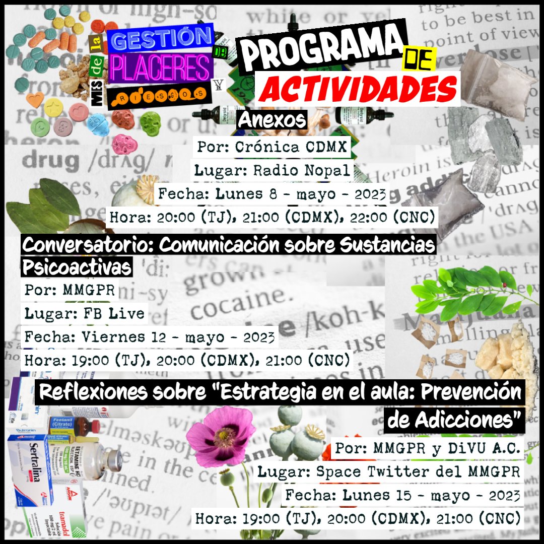 MovMexGPR's tweet photo. Les compartimos nuestro programa de actividades del Mes de la #GestiónDePlaceresYRiesgos en el marco del Día Internacional de la #ReducciónDeDaños #IHRD2023 #InternationalHarmReductionDay #ApoyeNoCastigue #IOAD2023 https://t.co/Iwf70l1Lfy