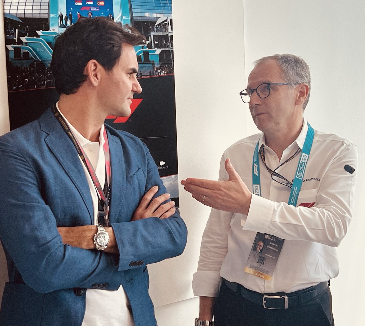 F1's tweet photo. Welcome @rogerfederer 🐐

#F1 #MiamiGP https://t.co/hXLZDYwAp8