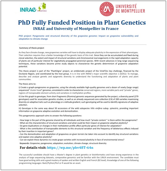 agristok's tweet photo. 📌 PhD Fully Funded Position in Plant Genetics [Grapevine Genome] at INRAE and University of Montpellier in France 🇫🇷... Please Retweet and spread the word! For details visit the link below: https://t.co/IcrHGtB4jN https://t.co/xWri26HbBi