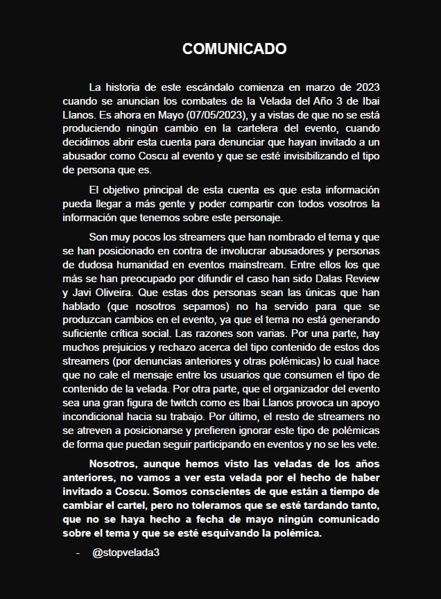 Creamos esta cuenta para posicionarnos en contra de la participación de Coscu en la Velada del Año de Ibai Llanos.

Intentaremos reunir toda la información posible sobre la polémica en esta cuenta, con el objetivo de manteneros informados.
#LaVelada3