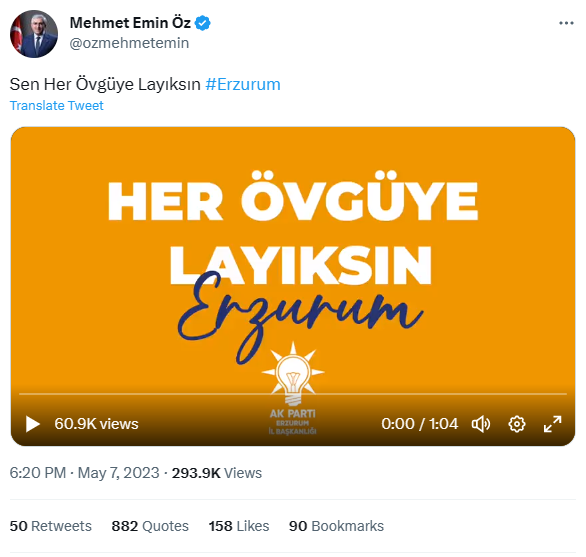 secimanaliz's tweet photo. AK Parti Erzurum 3. sıra milletvekili adayı Mehmet Emin Öz, Erzurum'da Ekrem İmamoğlu'nun mitingine yapılan saldırıdan sonra "Sen Her Övgüye Layıksın #Erzurum" yazılı video paylaştı. https://t.co/R4f1X4bLnV