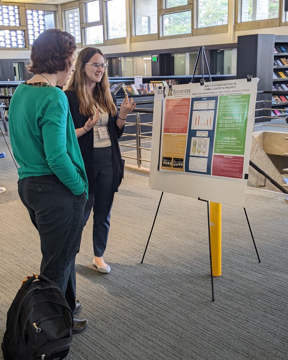 RochesterCTC's tweet photo. RCTC student Kate Schultz presented at the @MNAcadSci #MNWinchell last week on semester-long research that she and her lab partner Dakota Crider completed. Their results: for the most consistent amount of vitamin C in pineapple, buy it frozen and store it frozen. #STEM #RCTC https://t.co/sCBJ5KvLlb