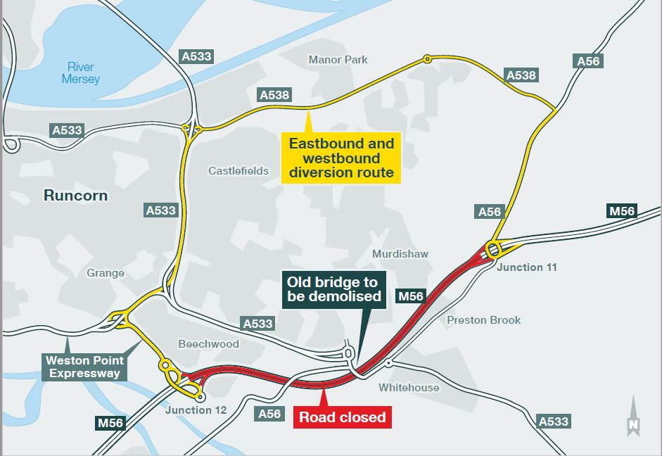 HighwaysNWEST's tweet photo. βπβ Weekend closures for old bridge demo, Fri 12 to Mon 15 May & Fri 19 to Mon 22 May:
#M56 J11 to J12, 9pm-6am
#A533 #ExpresswayBridge, 7pm-6am
ββ Long delays are expected. Use alternative routes if poss.
βΉοΈ https://t.co/LeQJjAAnNe
@HaltonBC @LPL_Airport @manairport https://t.co/JB9stKA81c