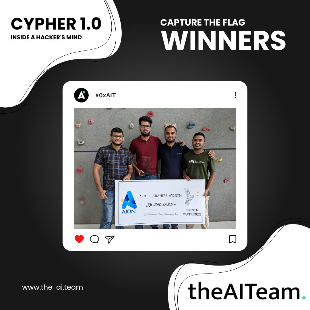 0xAIT's tweet photo. It is with great pleasure that we extend our sincerest congratulations to the victorious team, which includes our esteemed members Ashan Rathnaweera and Dalana Dharmathilake, for winning the championship in the Capture the Flag (CTF) competition, 

(1/2) https://t.co/hBc8AIYC8W