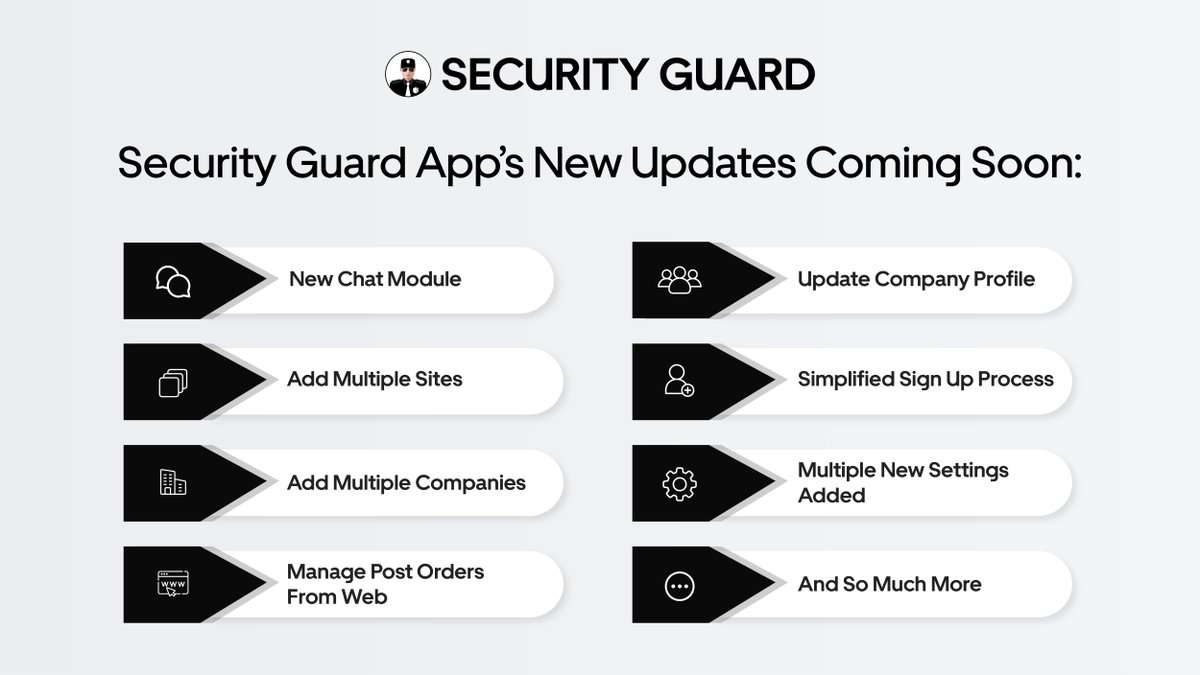 guard_app's tweet photo. Exciting news for our #SecurityGuardApp users!
Our latest updates include a new #chatmodule, the ability to add multiple post sites and companies, manage #postorders from the web, and more! Stay tuned for a simplified sign-up process and additional settings.
#securityguard https://t.co/dUvOqD2IBr