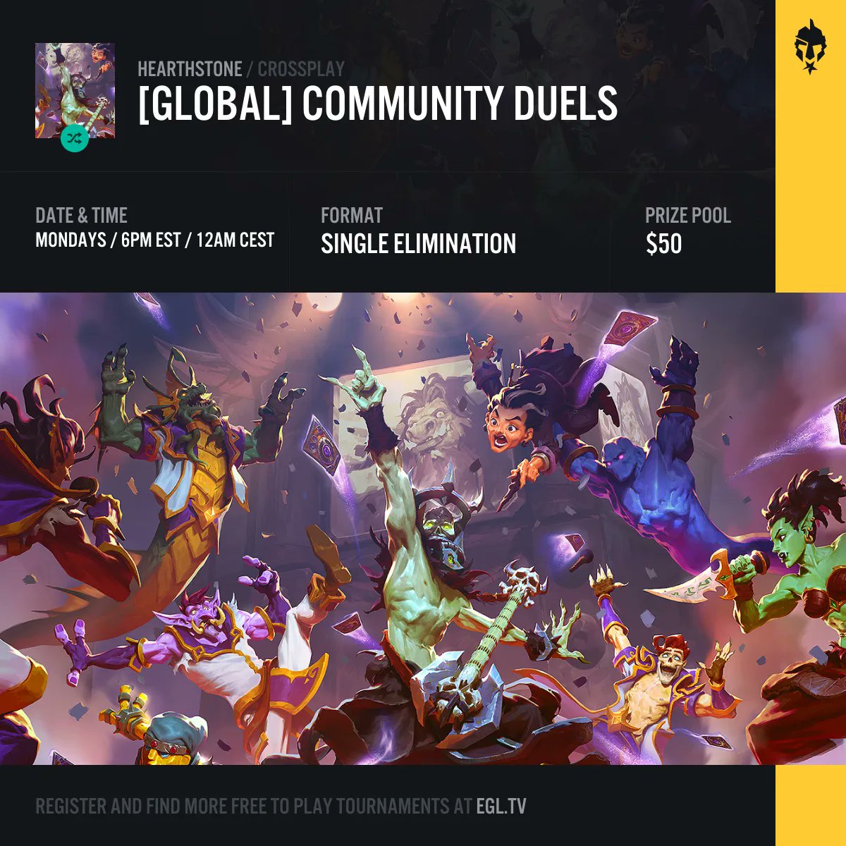 Today is your last chance to register and compete in tomorrow's #Hearthstone Community Duels tournament. Register now and be ready to check in 30 minutes before the tournament start time.

⚔️ egl.tv/tournament/7885