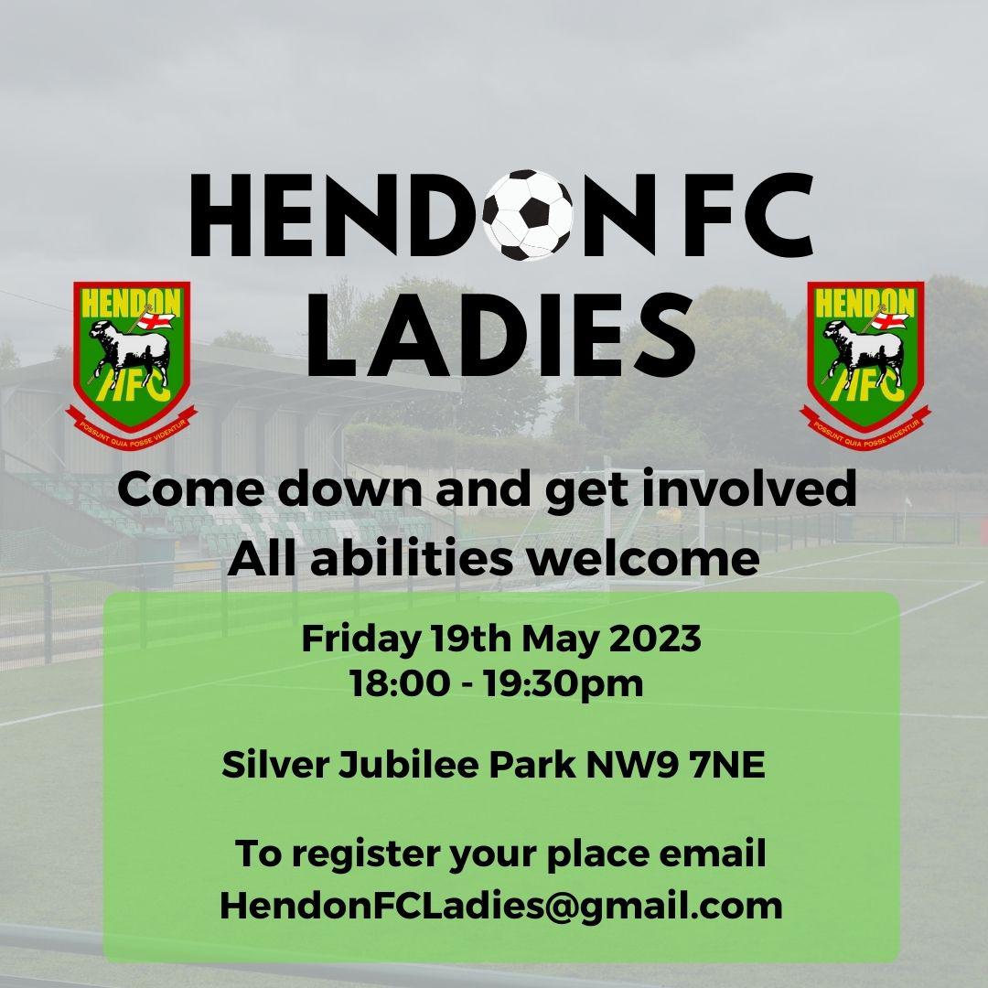 Hendon FC Ladies 💚

We are enormously excited to be launching women's teams in 2023/24.

We are holding a session for anyone interested on Friday 19th May at <a href="/JubileeSilver/">Silver Jubilee Park Charitable Foundation</a> between 6pm and 7:30pm.

All abilities welcome

Email HendonFCLadies@gmail.com for more details.