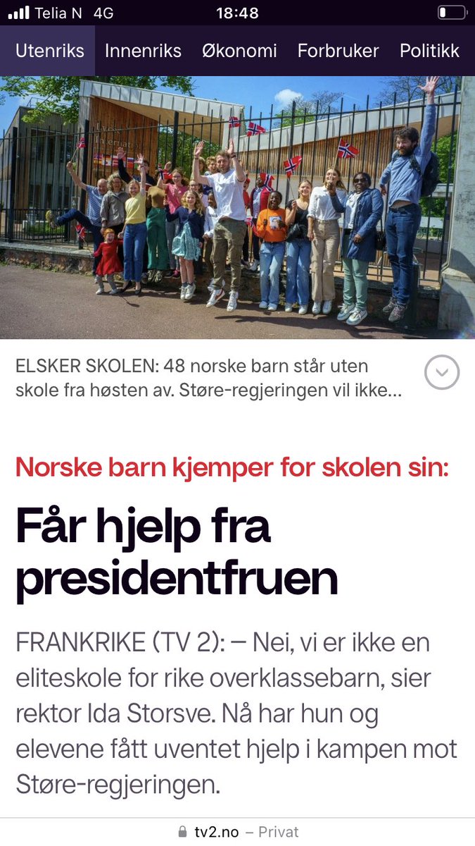 Norske barn kjemper for skolen sin: Får hjelp fra presidentfruen (tv2.no)
Et totalt meningsløst kutt av norsk-fransk fredsskole rett utenfor Paris. 48 norske elever mister sin skoleplass!
tv2.no/nyheter/utenri… Hjelp oss inn i revidert 🙏🏻