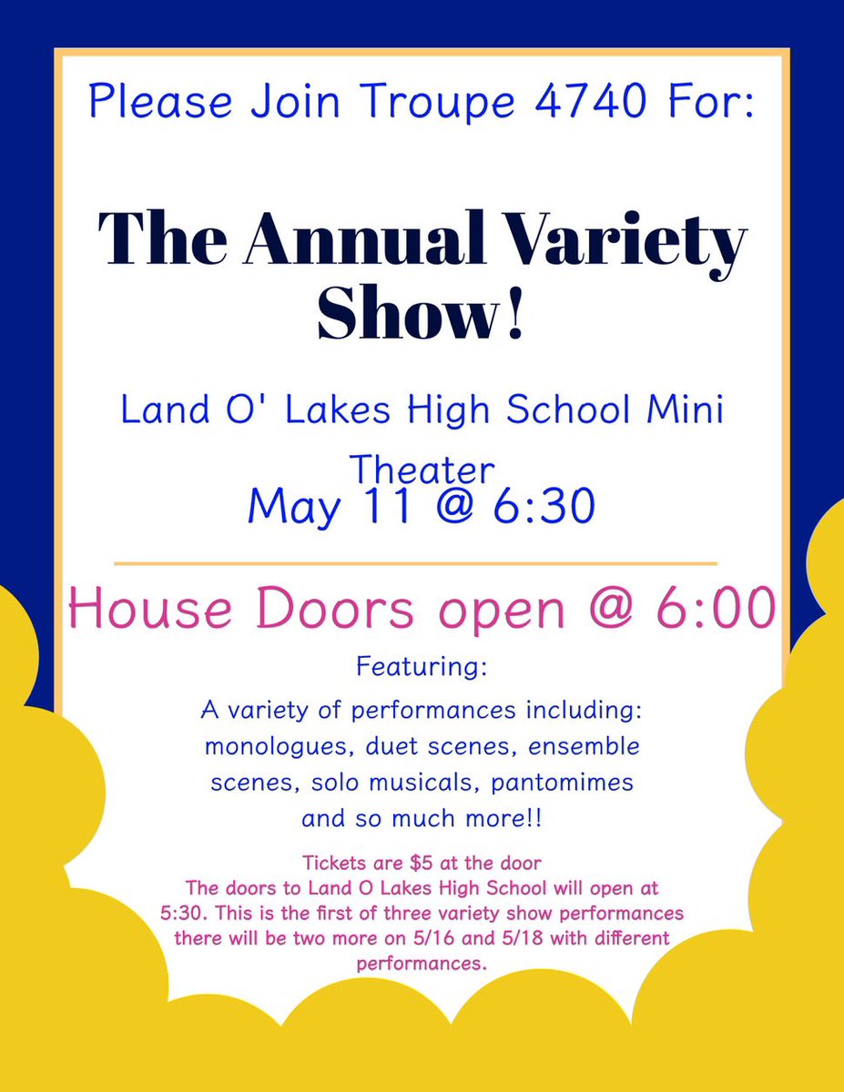 Troupe4740's tweet photo. Our first of 3 variety shows is this Thuraday, May 11th!! Come out to the high school to support the thespians in Ms. Adams’ acting class!! https://t.co/Gov9moSy6E
