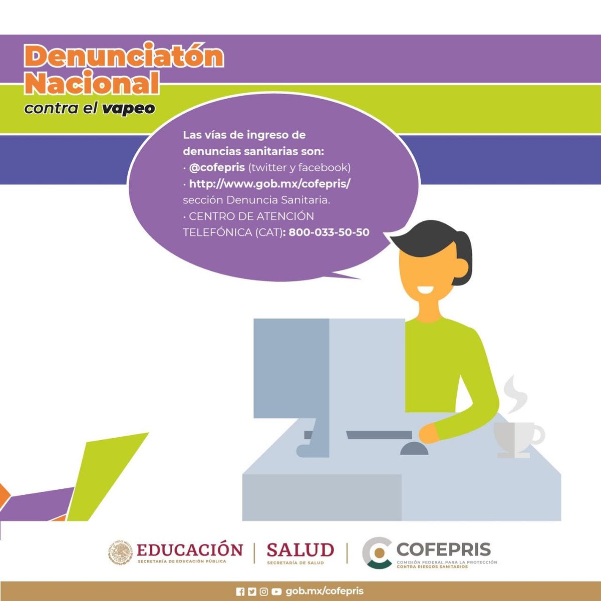 COFEPRIS's tweet photo. Te invitamos a participar en el #DenunciatónNacional, es muy sencillo, sólo sigue los pasos que te compartimos en la siguiente infografía. 

¡Sé parte de la vigilancia sanitaria!
Denuncia aquí📢 https://t.co/K7Gnktalg8 

#DenunciatónNacional #Denunciatón #DéjaloYa https://t.co/TVhySqcksU