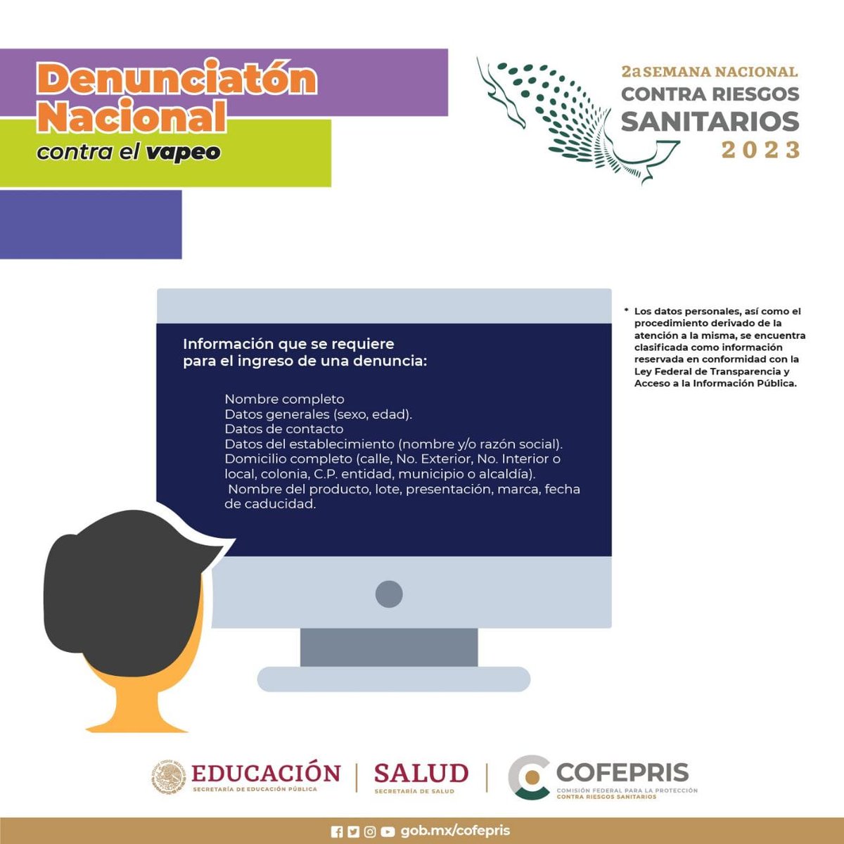 COFEPRIS's tweet photo. Te invitamos a participar en el #DenunciatónNacional, es muy sencillo, sólo sigue los pasos que te compartimos en la siguiente infografía. 

¡Sé parte de la vigilancia sanitaria!
Denuncia aquí📢 https://t.co/K7Gnktalg8 

#DenunciatónNacional #Denunciatón #DéjaloYa https://t.co/TVhySqcksU