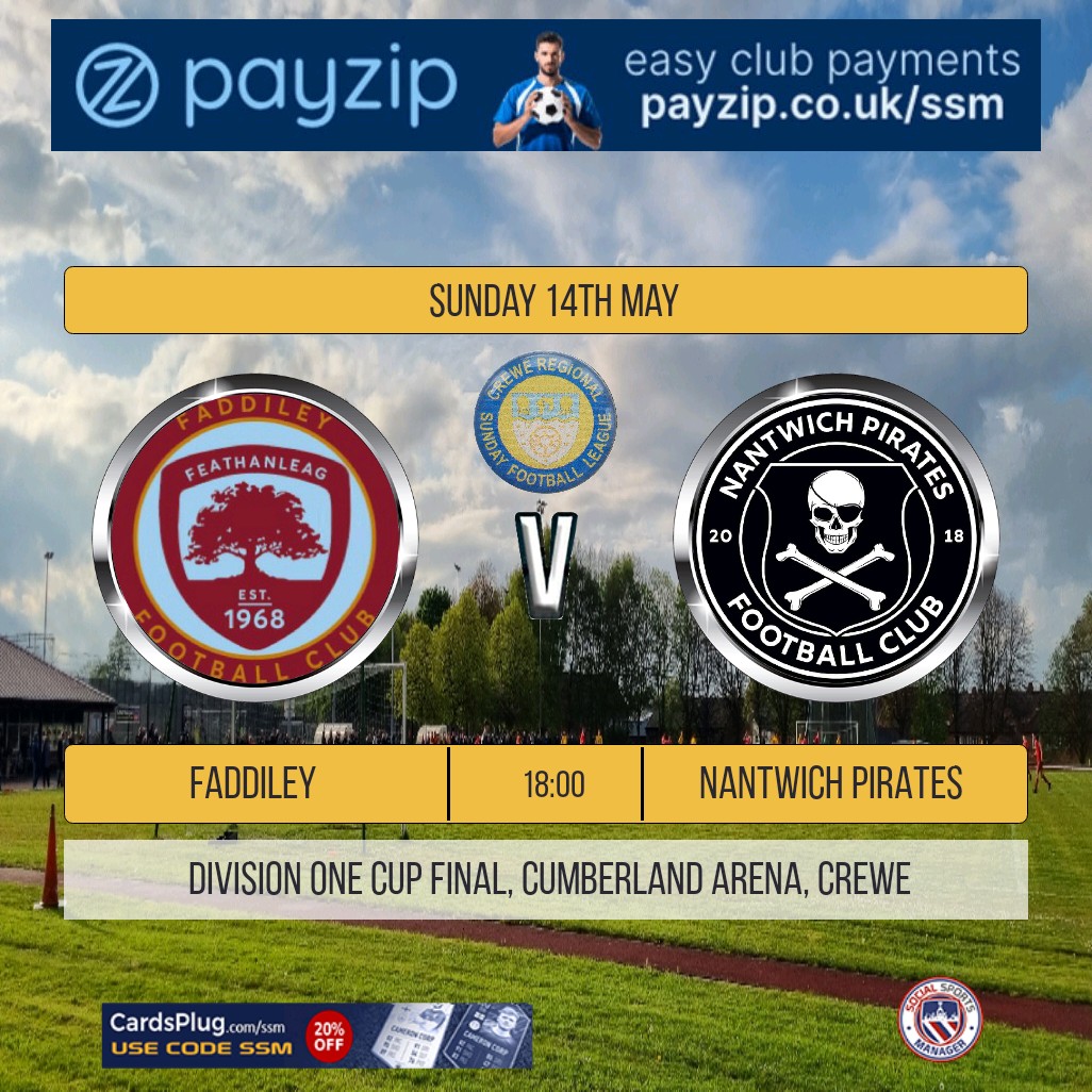 FaddileyFC's tweet photo. This time next week Faddiley v #Nantwich Pirates, this after the Pirates like ourselves won a penalty shoot out to secure a place in the final.
Kick off is 18:00 at the Cumberland Arena, #Crewe
Prices for entry.
Β£2:50 Adults
Β£1.00 Seniors/Kids
#ForzaFaddiley https://t.co/W5xXFyUNbH