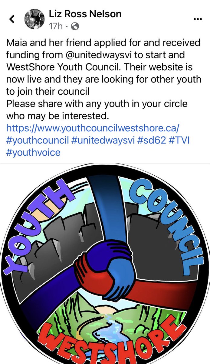 Great to see this youth led effort - #YouthCouncilWestshore . Pls help spread the word! Thx ⁦@uwsvi⁩ for your support 🙌🏻 #YoungChangemakers #LetsListen ⁦@mccrearycentre⁩ #SD62 ⁦@wschamber1⁩ ⁦@WestshoreTC⁩ ⁦@WestShoreRotary⁩ ⁦@WorkBCWestshore⁩