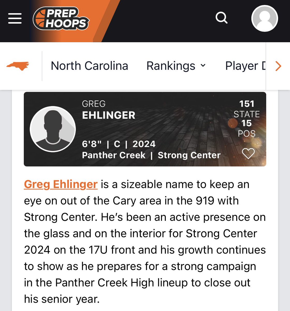 6’8 PF <a href="/GregEhlinger/">Greg</a> has been putting in work. STRONG write by <a href="/PrepHoopsNC/">Prep Hoops North Carolina</a>