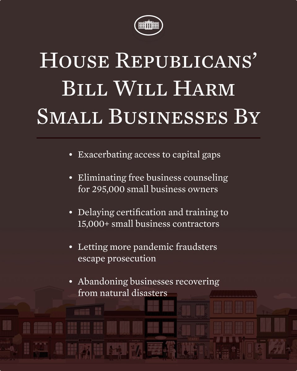 WhiteHouse46's tweet photo. Speaker McCarthy and House Republicans are threatening to default on America’s debt unless they can slash billions in funding for vital small business programs. https://t.co/EKxobsKDGs
