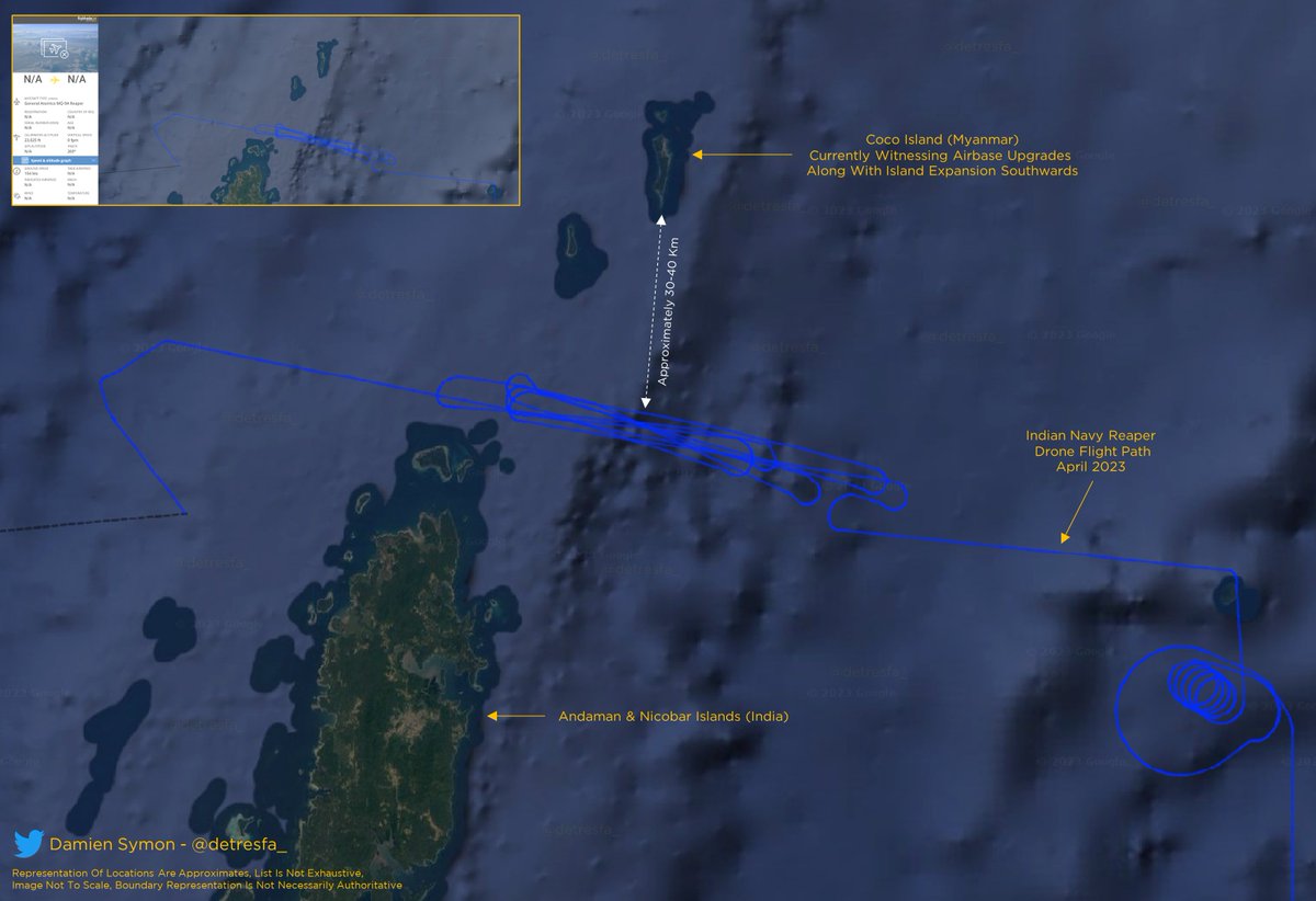 detresfa_'s tweet photo. Interesting route taken by an #IndianNavy MQ-9 Reaper drone in the second week of April 2023 around Coco Island (Myanmar) where an airbase is undergoing modernization along with other developments 

Read more here -  https://t.co/OTBfF4RGlq https://t.co/8VB7hv6E5n