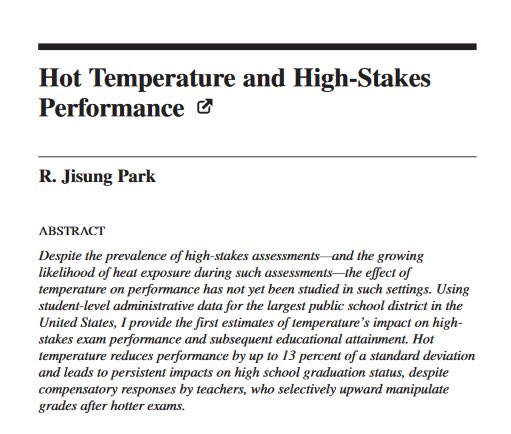emollick's tweet photo. Air conditioning is a vital educational tool.

Students do worse when its hot. Over 13 years in NYC alone, "upwards of 510,000 exams that otherwise would have passed likely received failing grades due to hot exam conditions," and these failures delayed or stopped 90k graduations! https://t.co/Vyv2dmyxmV