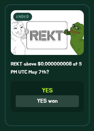 The $REKT price prediction has ended.   

If you bet your $REKT on "YES", you can claim your rewards here: rektarb.xyz/betting.