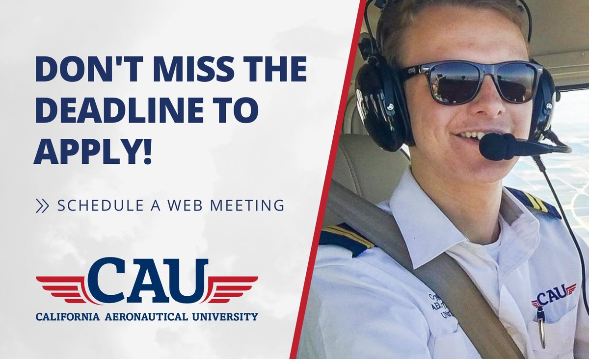 CalAeroUniv's tweet photo. The admissions deadline for our May term is coming up quickly! This is the time to seriously start thinking about your future as an #aviationprofessional.

𝐃𝐨𝐧'𝐭 𝐦𝐢𝐬𝐬 𝐭𝐡𝐞 𝐝𝐞𝐚𝐝𝐥𝐢𝐧𝐞 𝐭𝐨 𝐚𝐩𝐩𝐥𝐲!

Schedule a web meeting today ➡️ https://t.co/JRWvxSEqZY https://t.co/zg59n7rcwy