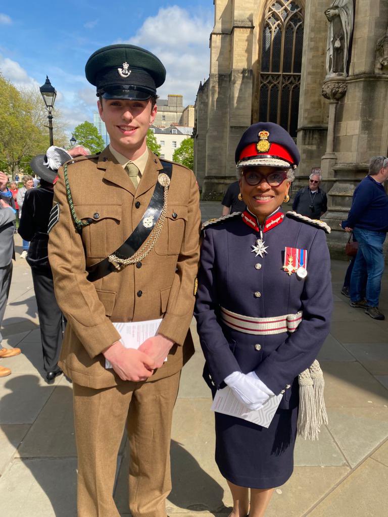 Our hard-working Lord Lieutenant’s Cadet, Cadet Sjt Little, straight back from London and the Coronation to celebrate the King’s Coronation with Evensong at Bristol Cathedral today. Pictured here with our Lord Lieutenant, herself just back from London too. #goingfurther