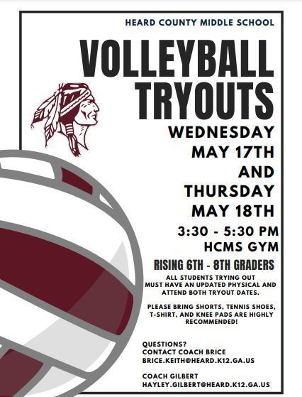 Attention Current 5th Grade Girls: HCMS Volleyball Tryouts are coming up this week. See the attached flyer.