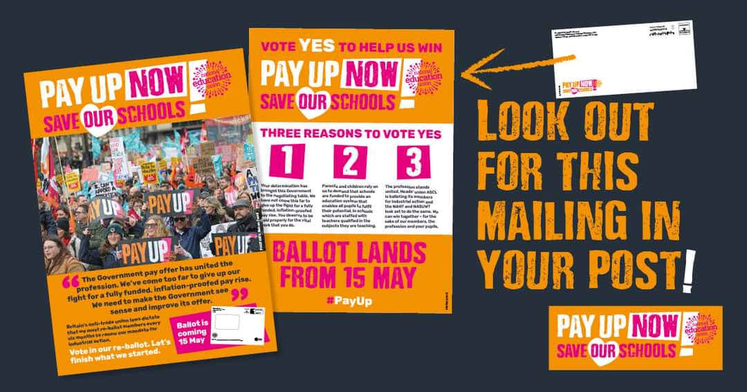 From 15 May, the NEU will issue members with a formal postal ballot asking you to vote in favour of strike action to win a fully funded, above-inflation pay rise. Let’s finish what we started. #PayUpNow #SaveOurSchools

Look out for this mailing in the post.👇