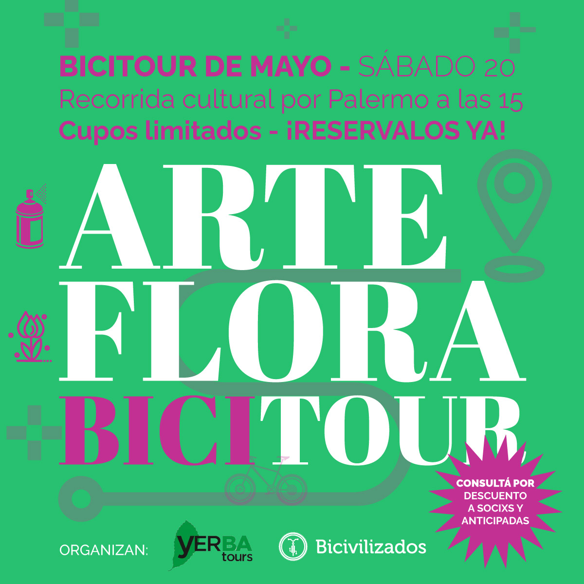 bicivilizados's tweet photo. ¡BOMBA dominical! Se viene un #bicitour de #yerbaTours y @bicivilizados. Arte flora y Bicitour. 

Sábado 20.05 desde las 15 horas en el barrio de Palermo-CABA.
Cupos limitados, ¡no duermas!

Link con toda la info.
👇👇
https://t.co/k6BMnbWMVv https://t.co/uJ6VPESKvc