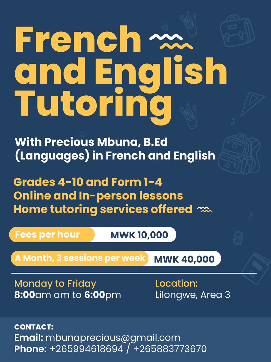 Hello!!! I am a qualified and experienced Language teacher.
If you need a tutor in English and French don't hesitate to contact me.

Please Retweet.