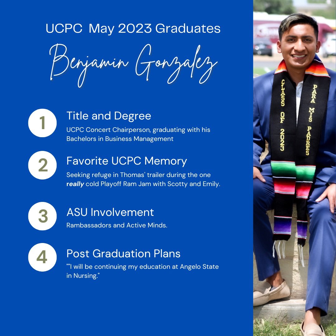 Before they walk the stage, we want to celebrate our May graduates and all their successes while they’ve been at ASU and with UCPC! Last up of our staff, we have our Concert Chair, Ben Gonzalez! 

We wish them nothing but the best in their future endeavors! #angelograd  🥳🐏💙
