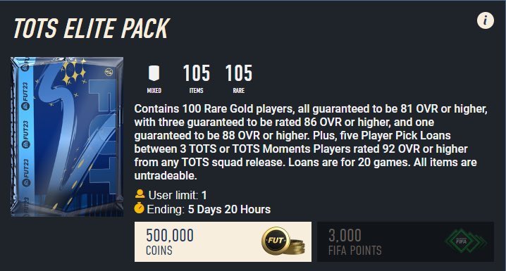 Who wants to open the new 500k pack? 🎢 

93% chance to pack a TOTS! 🔵

Sending #FIFA23 points for it to some people that like &amp; retweet this 📩 (follow for DM)