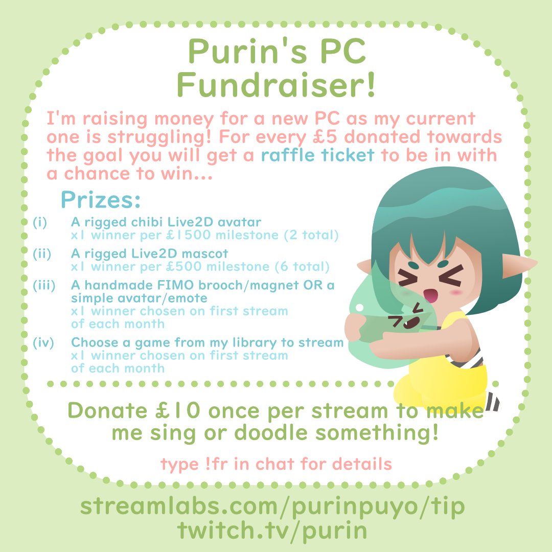 PurinPuyo's tweet photo. I'm fundraising for a new PC! Donating gives you a chance to win prizes, including a fully rigged chibi Live2D vtuber avatar, FIMO trinkets, and Other! You can also embarrass me by making me sing the boomer songs that I love so much! Details below. RT's much appreciated!💚 
(1/6) https://t.co/4IXBuRoAdu