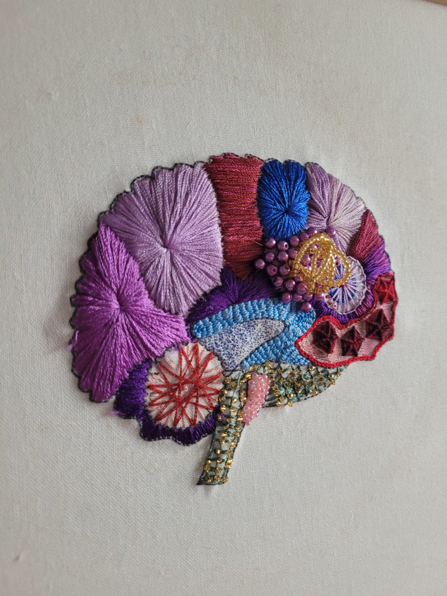 My mom is sending some of her embroidery work to be considered for an exhibition and just sent me her latest piece. She has early onset dementia (she's in her 50s) and epilepsy, and she made this as a visual representation of her brain 💕