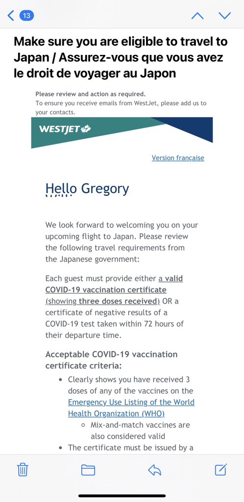 lexiphanic's tweet photo. @WestJet Received an email from y’all today about providing a valid Covid-19 vaccination record for travel to Japan, however the Govt of Japan does not have this requirement any more.

Old info or something else? https://t.co/OBBEGosznR