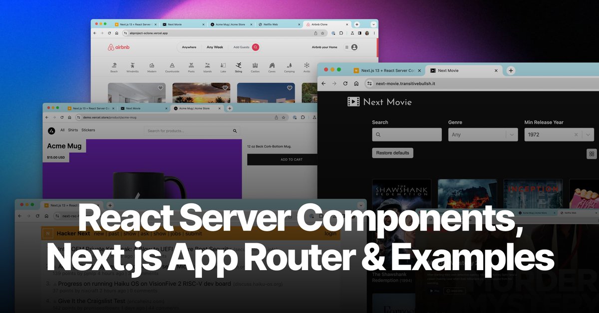 Looking for examples of React Server Components & Next.js App Router? 📰 Hacker News: bit.ly/rsc-hn 🎥 Movies: bit.ly/rsc-movies 💰 Commerce: bit.ly/rsc-commerce 🏠 AirBnB: bit.ly/rsc-airbnb 📊 Taxonomy: bit.ly/tsc-taxo My rough notes:…