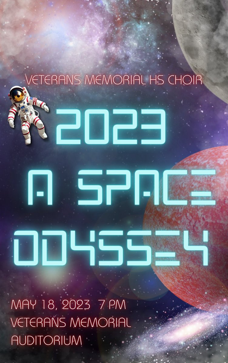 The Veterans Memorial HS Choir invites you to their out of this world Spring Show: 2023 A Space Odyssey!! 🔭🪐☄️🛸👽🛰️🚀👩🏽‍🚀🧑🏿‍🚀👨🏻‍🚀🤖👩🏼‍🎤👨🏼‍🎤 Thursday May 18th 7 pm Tickets are $5 & $10 and can be purchased in room F105 during power hour,after school or by email, Janina.Vela2@ccisd.us