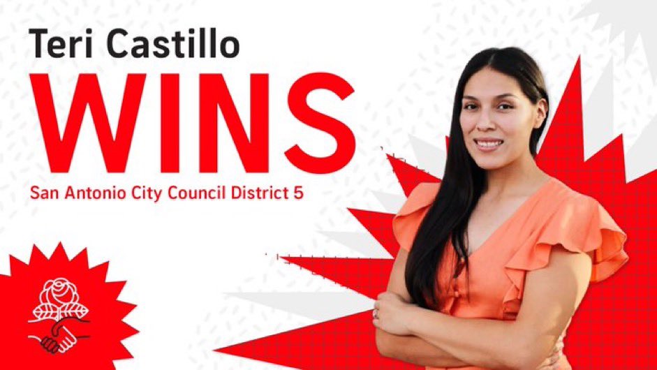 Congratulations to @austin_DSA and @SanAntonioDSA’s very own @theloserteacher and @210TeriCastillo on their victories! 

Texan socialists are turning the state the right shade of red 🌹🤠 #Yallidarity