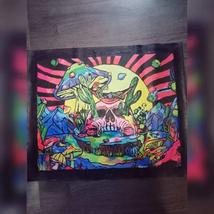 Not gonna lie, I missed painting trippy shit lol 😂 thanks to everyone who tuned in to watch me bob Ross my way through this piece on twitch.tv/irishwolfmother 
.
.
.
.
.
#art #trippy #paint #painting #disabledartist #artistsoninstagram #skull #acrylics #twitch #twitchirl