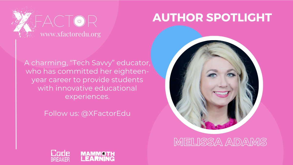 #XFactorEDU Author Spotlight Melissa Adams <a href="/melissala5/">Melissa Adams</a> 

“Tech Savvy” educator, committed to providing students with innovative educational experiences.

Book: Destination PD
#ComingSoon

Check out X-Factor team: xfactoredu.org

#Team #CodeBreaker #MammothEDU
