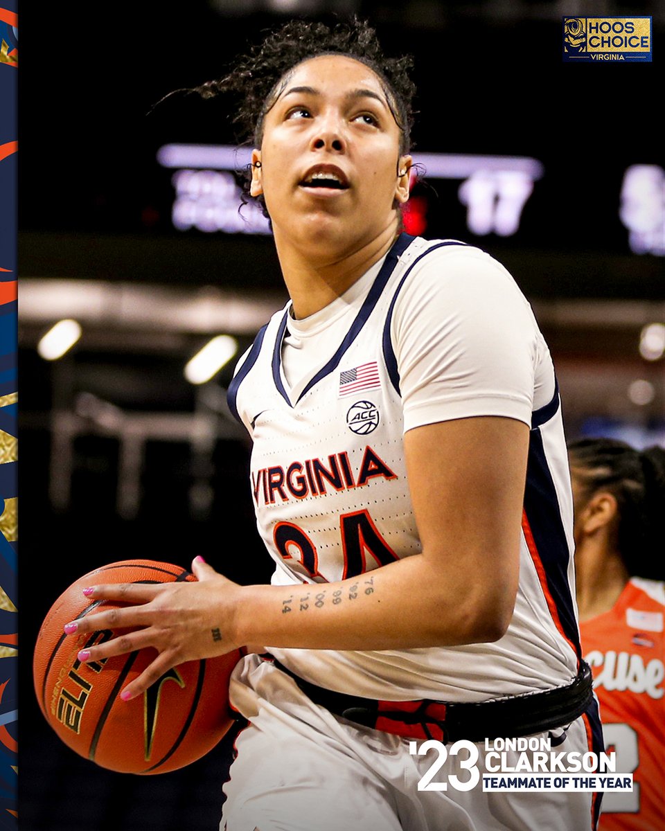 UVAWomensHoops's tweet photo. Congratulations to @ClarksonLondon on being named Women's Basketball's Teammate of the Year at the #HoosChoiceAwards #GoHoos🔶🔷 #GNSL https://t.co/2hKpn4NqlG