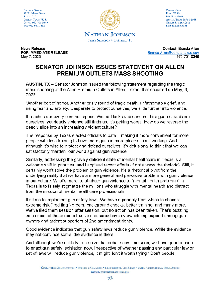 NathanForTexas's tweet photo. Read my full statement regarding the tragic mass shooting at the Allen Premium Outlets in Allen, Texas: https://t.co/AyirJgNyov