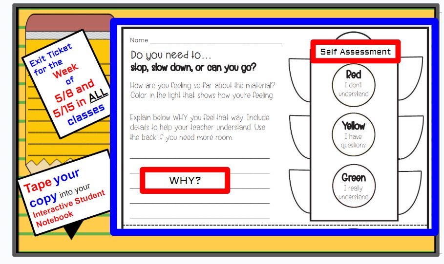 LET'S GO! #criticalwriting matters across all contents, where students OWN THEIR Learning and Self Assess.  OUR CAMPUS WIDE Exit Ticket @Eisenhower_AISD for the week of 5/8 and 5/15.
#Fundamental5 IN ACTION
#WritingMATTERS
#StrategiesMatter