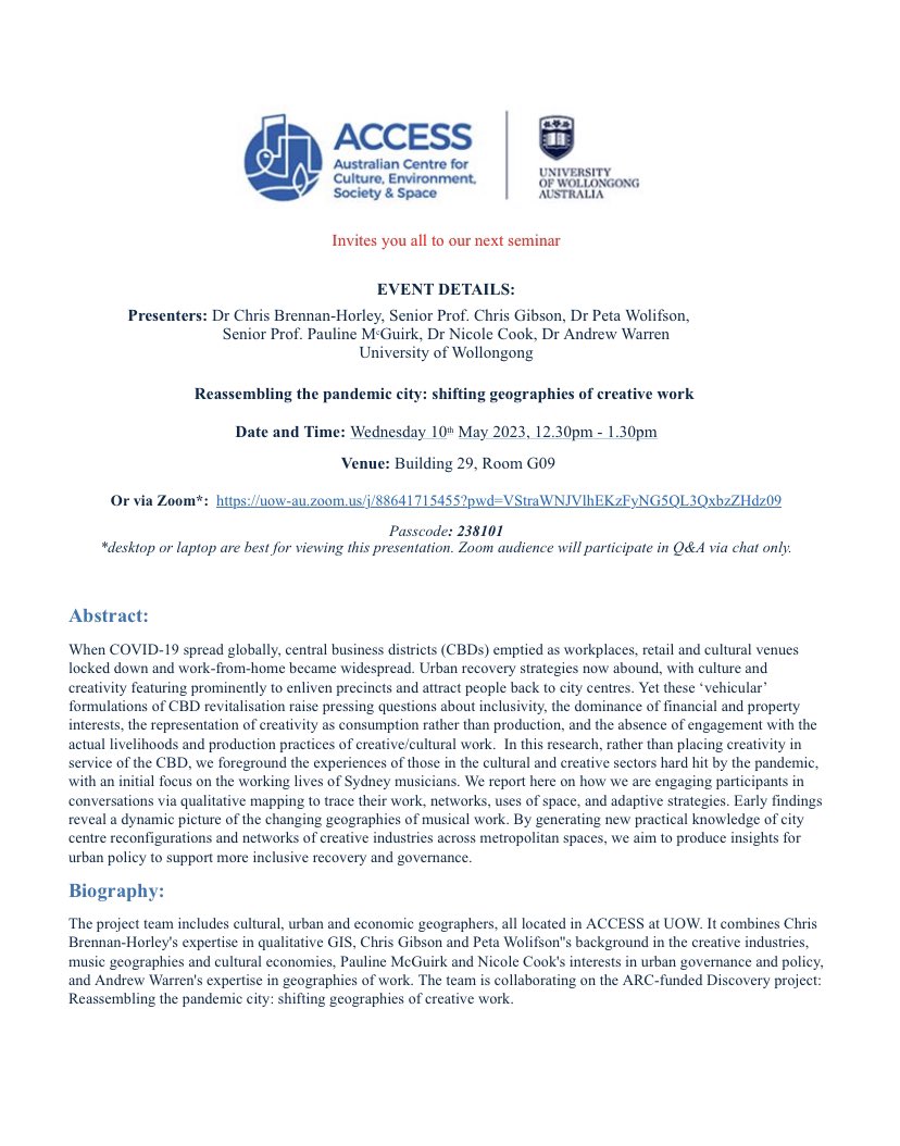 ACCESS_GEOG's tweet photo. Join us for another @ACCESS_GEOG  seminar this Wednesday! We invite an all ACCESS ARC-funded Discovery Team (@cbhorley @profcgibson Peta Wolifson @PaulineMcGuirk @NicoleTCook @AW_Geo) to speak to their project: Reassembling the pandemic city. @uowresearch @UOWASSH @UOW_VC https://t.co/n7eyOgnQ9I