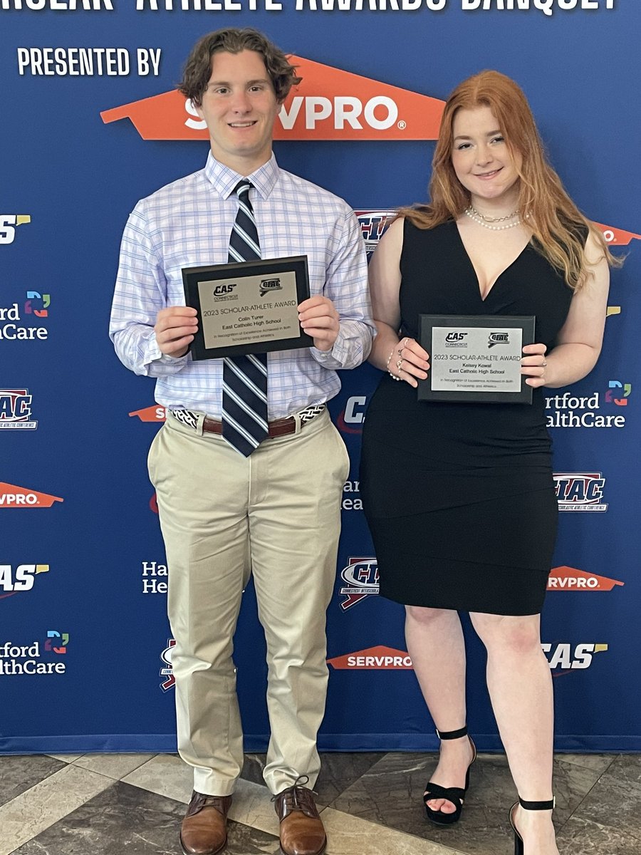 Great <a href="/ciacsports/">CIAC Sports</a> 2023 Scholar-Athlete Awards Banquet today! We honored our selections Colin Turer &amp; Kelsey Kowal for their great accomplishments as leaders, in the classroom, &amp; athletically. Congratulations &amp; well earned!

#WeAreEC