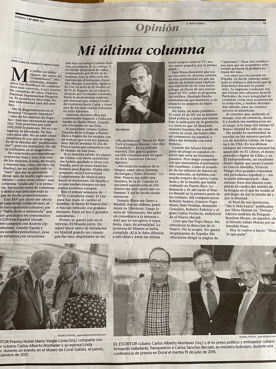 dougomez's tweet photo. "Me jubilo sin júbilo alguno. Me retiro del 'columnismo' ... He cumplido 80 años. Padezco Parálisis Supranuclear Progresiva. El nombre lo dice todo", así inicia el escritor Carlos Alberto Montaner @CarlosAMontaner su "última columna". Hará falta.
https://t.co/HucEpC9JxG https://t.co/3zOKTGatrQ