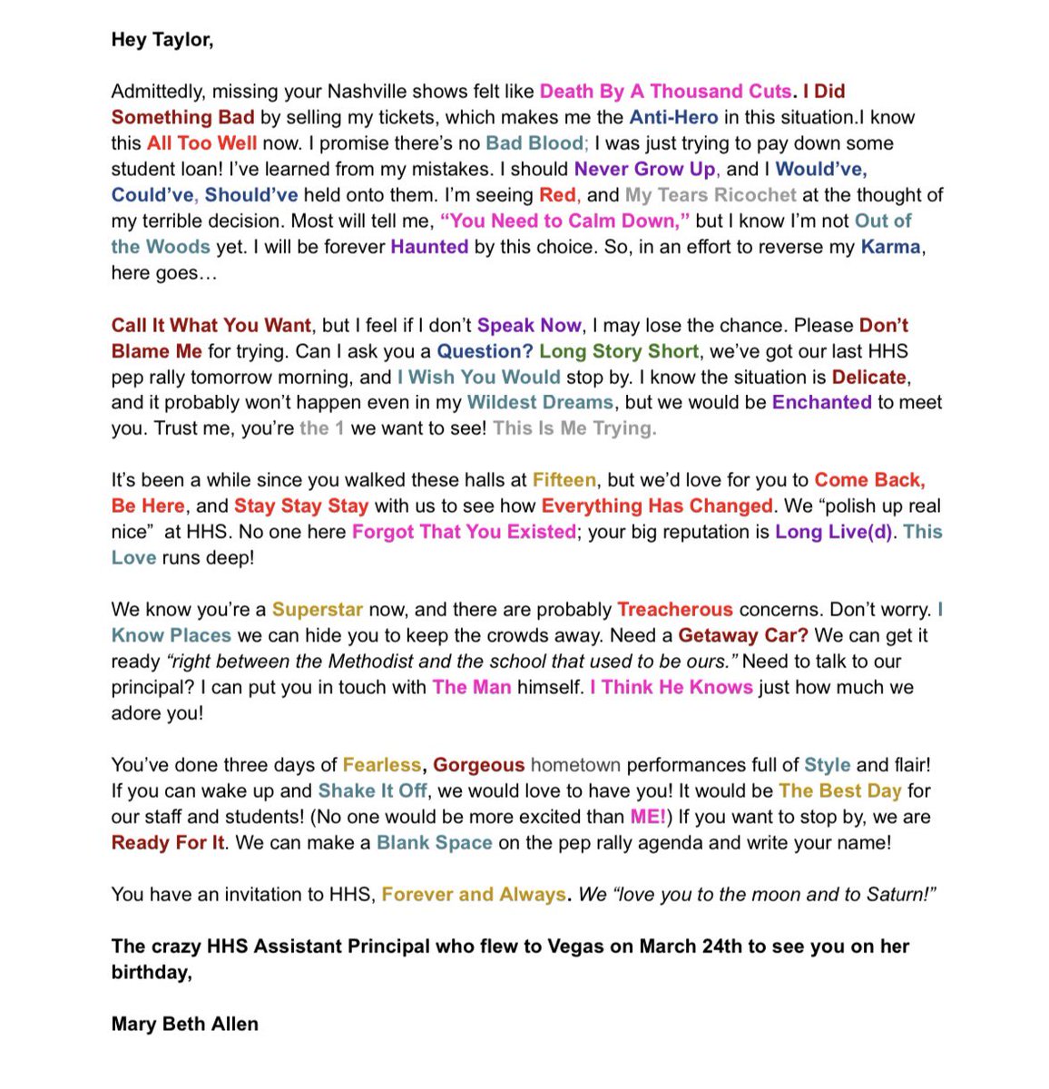 Hey <a href="/taylorswift13/">Taylor Swift</a>, have Monday morning plans? Because I know 1600 students (and one assistant principal) at your old high school who would absolutely lose their minds if you wanted to stop by. 😂😉

<a href="/BobCotterHHS/">Bob Cotter</a> <a href="/RonSarver/">Dr. Ron Sarver</a> <a href="/SpanishJorge/">Jessica Jorge</a> <a href="/kerrywest20/">Kerry West</a>